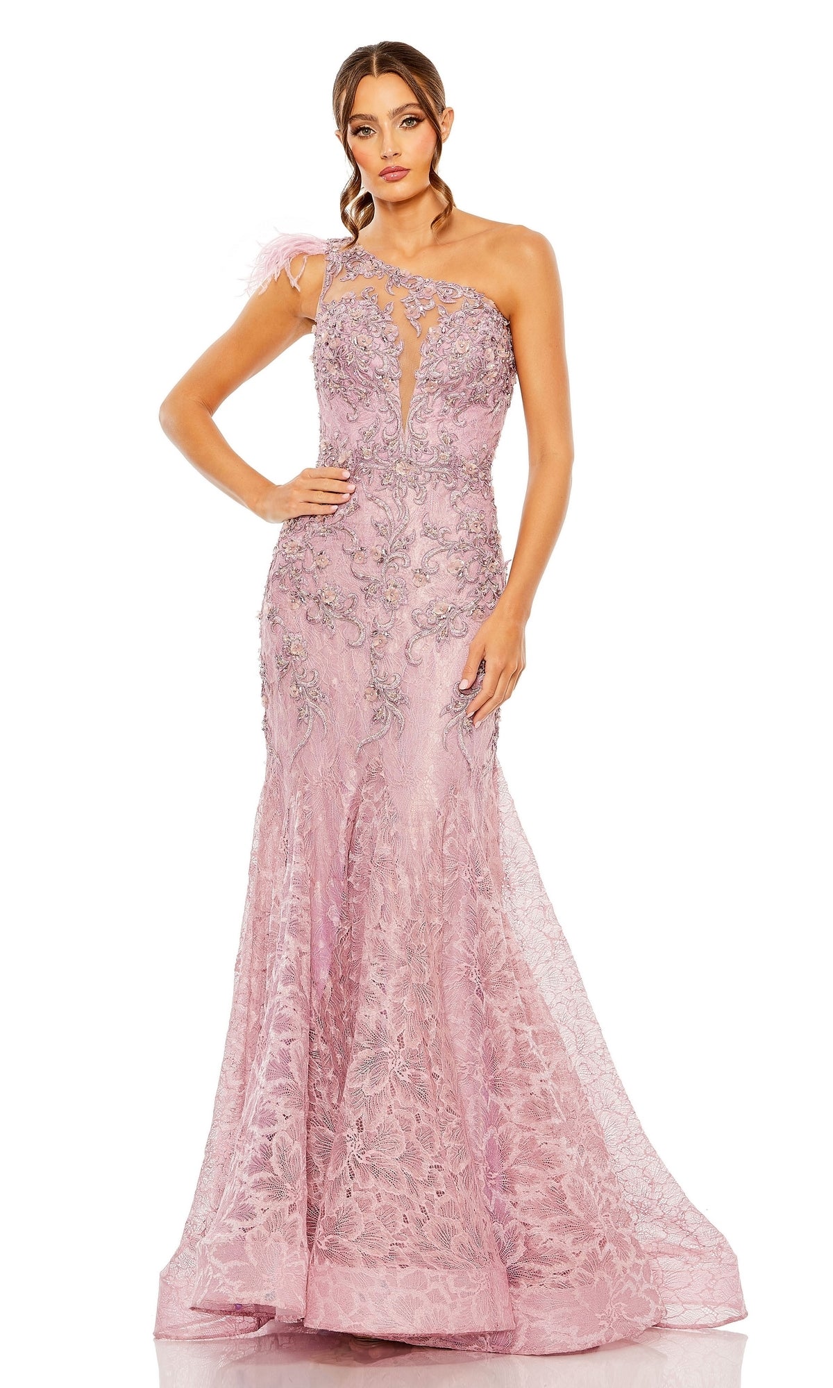 A woman wearing the Feather One-Shoulder Prom Gown: Mac Duggal 79264, a floor-length, light purple evening dress with lace beading, floral embroidery, a sheer bodice panel, and an asymmetric mermaid silhouette.
